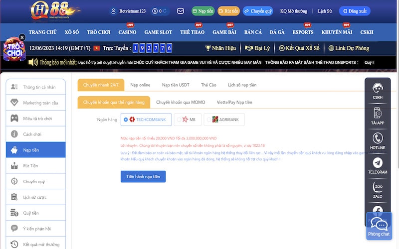 Nạp tiền QH88 bằng chuyển khoản ngân hàng chi tiết