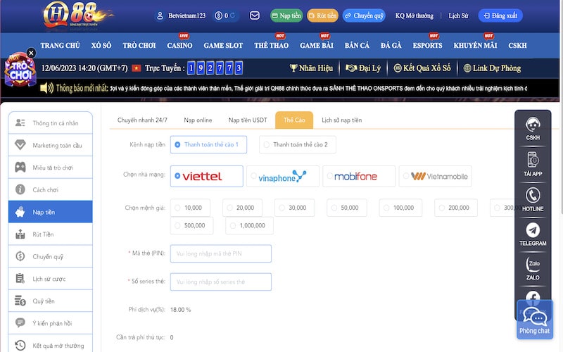 Nạp tiền nhà cái QH88 hiệu quả qua thẻ cào điện thoại